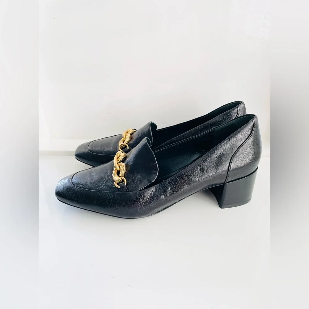 New Tory Burch Jessa heeled horse- head loafers, black leather sz 8.5. - Picture 7 of 16